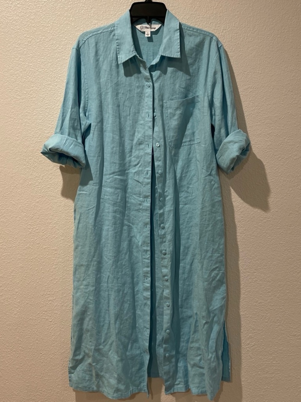 Light Blue Button-Down Linen Shirt Dress With Pockets